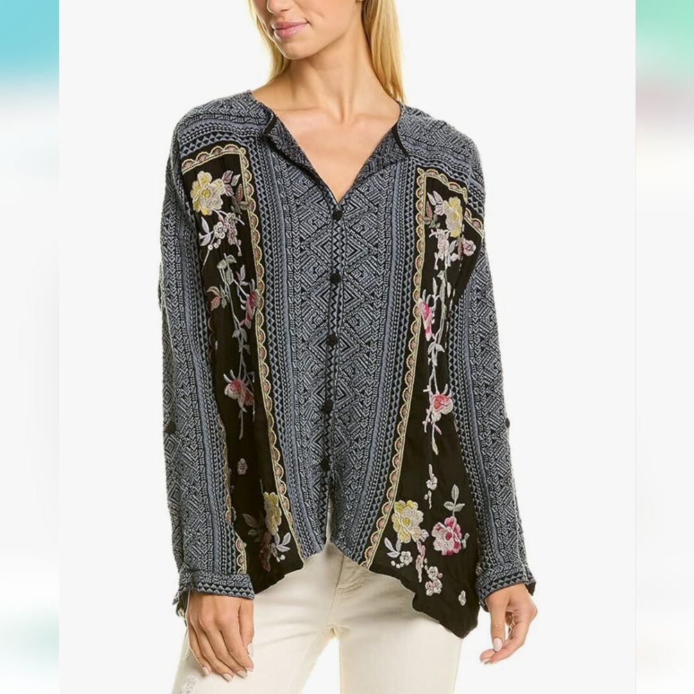 Johnny Was Rumi Embroidered Long Sleeve Button-up Top